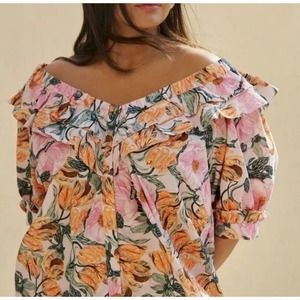Anthropologie Ruffled Off-The-Shoulder Floral Boho Chic Blouse Women's Size S